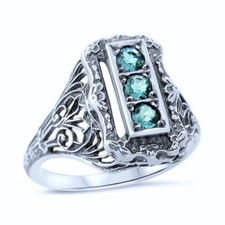 925 STERLING SILVER 3 STONE RING CLASSIC STYLE SIMULATED LONDON BLUE TOPAZ 1130z