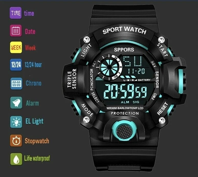Relojes para hombre cara grande militar ejército caminar deportes digital LED a prueba de golpes Foto 4 de 4