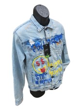Nwt Sacred Crown Distressed Emoji Slang Graffiti Denim Stretch Jean Jacket - L
