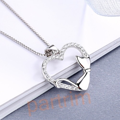 925 Sterling Silver Ladies Kitten Cat Heart Pendant Necklace Chain Women Jewerly - Picture 7 of 7