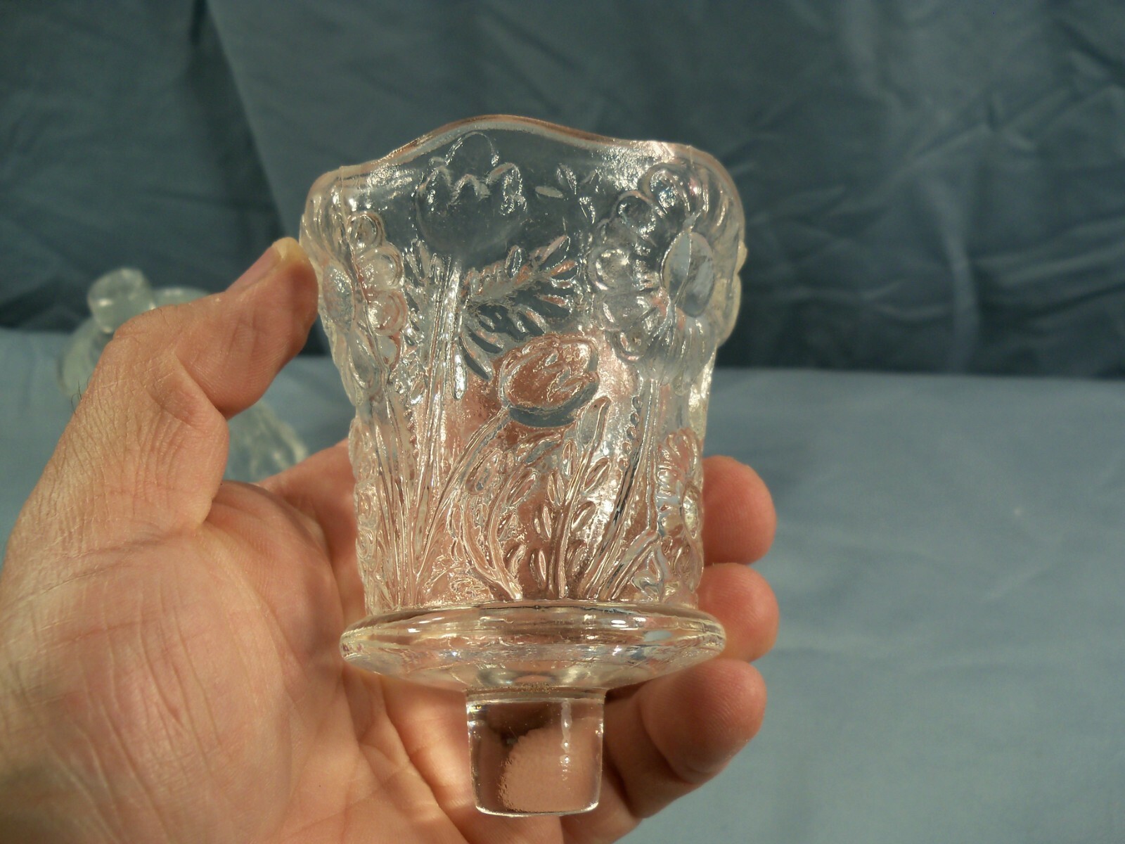 Lot of 4 Clear Glass Peg Pegged Votive Candle Holders w/ Floral Design