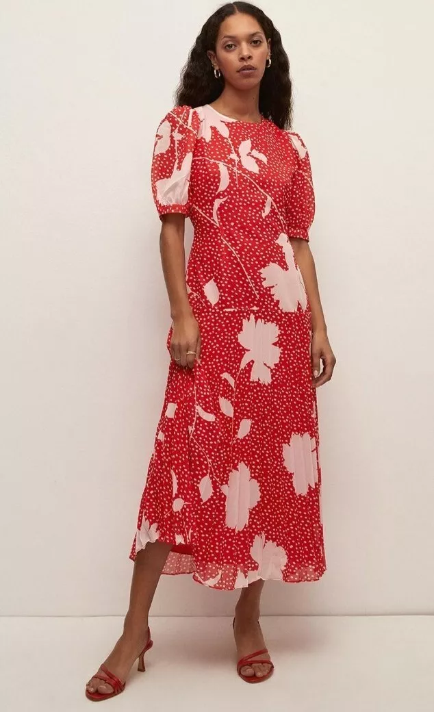 BNWT Oasis Red White Floral Midi Long Drop Waist Pleated Skirt
