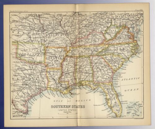 1888 ANTIQUE MAP OF SOUTHERN UNITED STATES / FLORIDA TEXAS OKLAHOMA GEORGIA - Picture 1 of 3