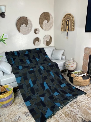 Fana Blue Handmade Mudcloth Segou Blanket Bogolan Textile Bedsheet Boho Decor - Picture 3 of 9