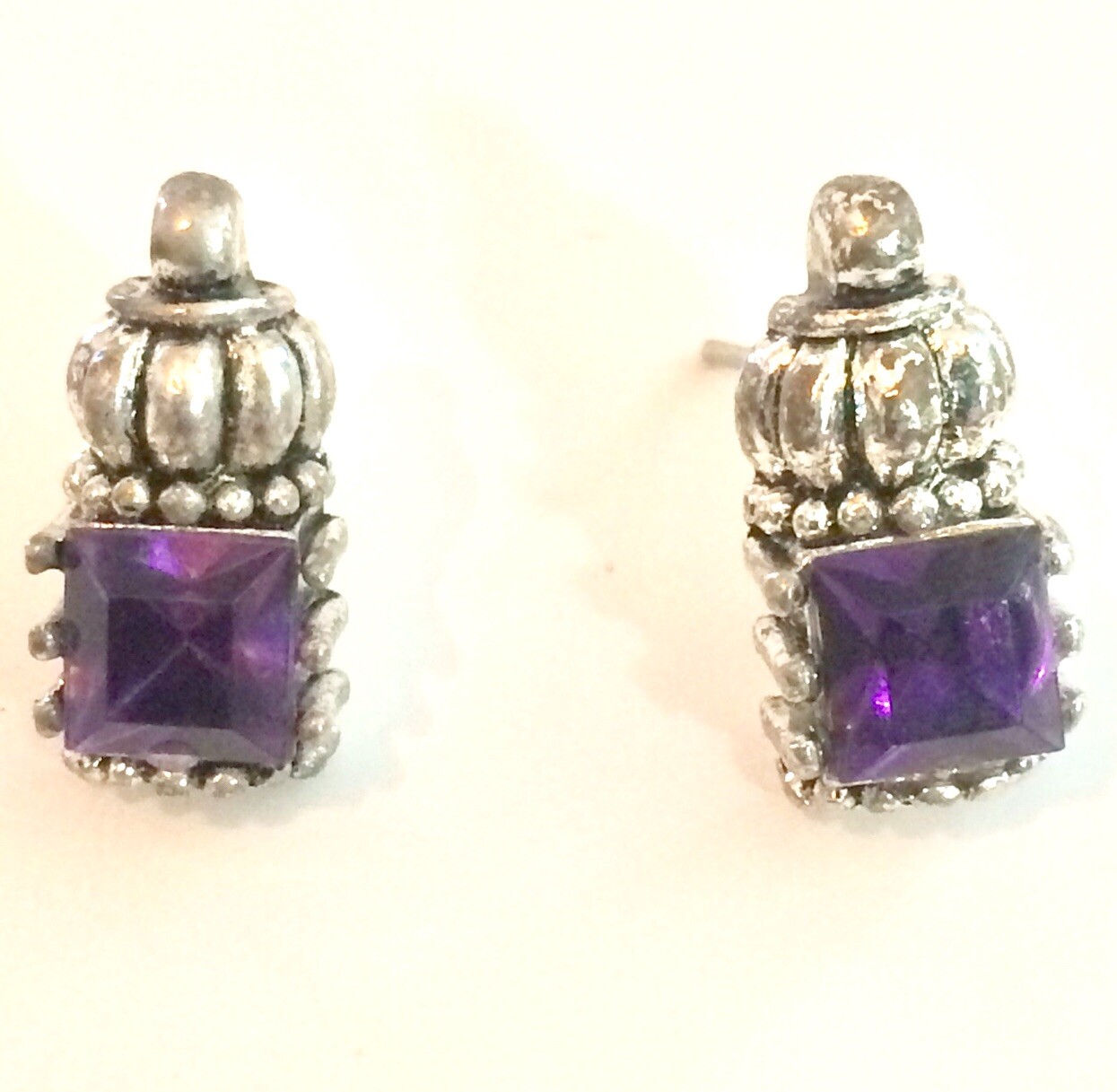 Amethyst Earrings Stud Silver Tone Untested - image 2