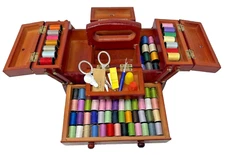 Vintage Wooden Fold Out Singer Sewing Box with Thread & Notions