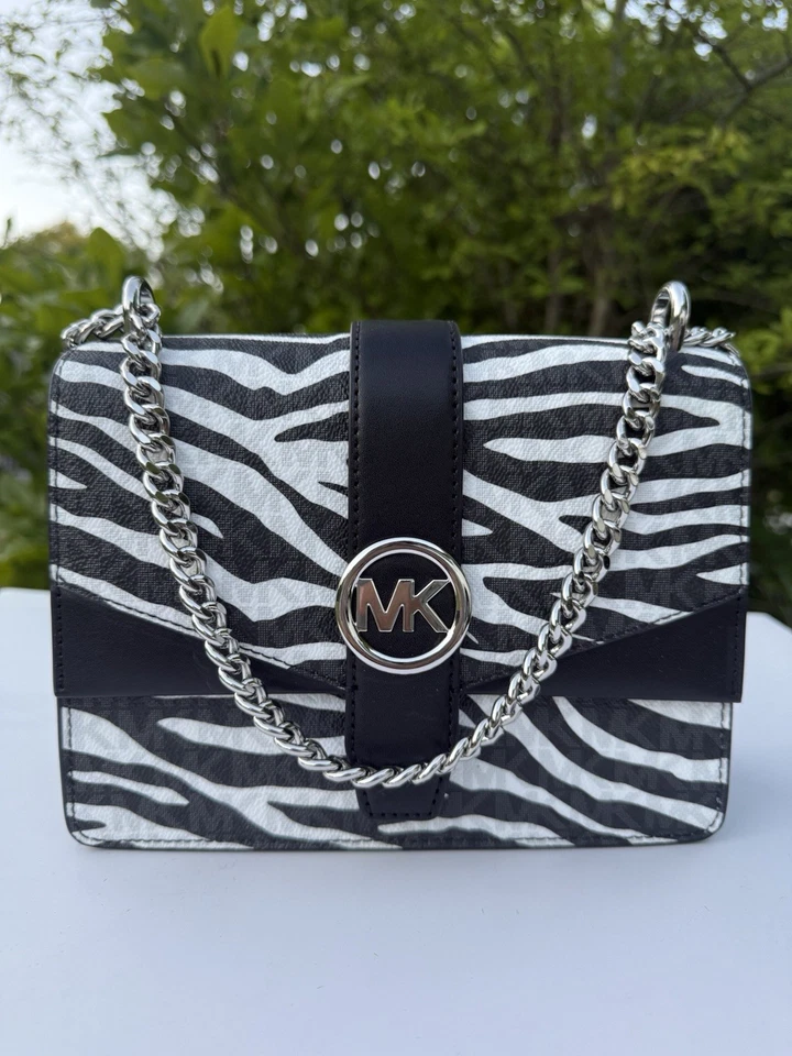 Michael Kors Small Greenwich Zebra Print Flap Crossbody Black Mk Logo Purse