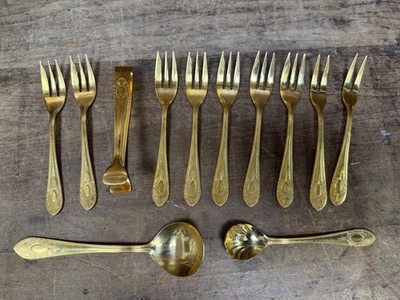24 kt vergoldetes Besteck Dessertgabeln/Löffel/Zuckerspitzen Hartvergoldet