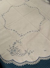 Vintage Round White Tablecloth W Blue Embroidery Crochet Trim 42
