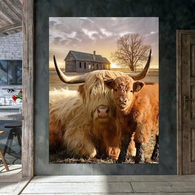 Highland Cow Canvas Painting Animal Print Canvas Wall Art Poster Farmhouse Mural