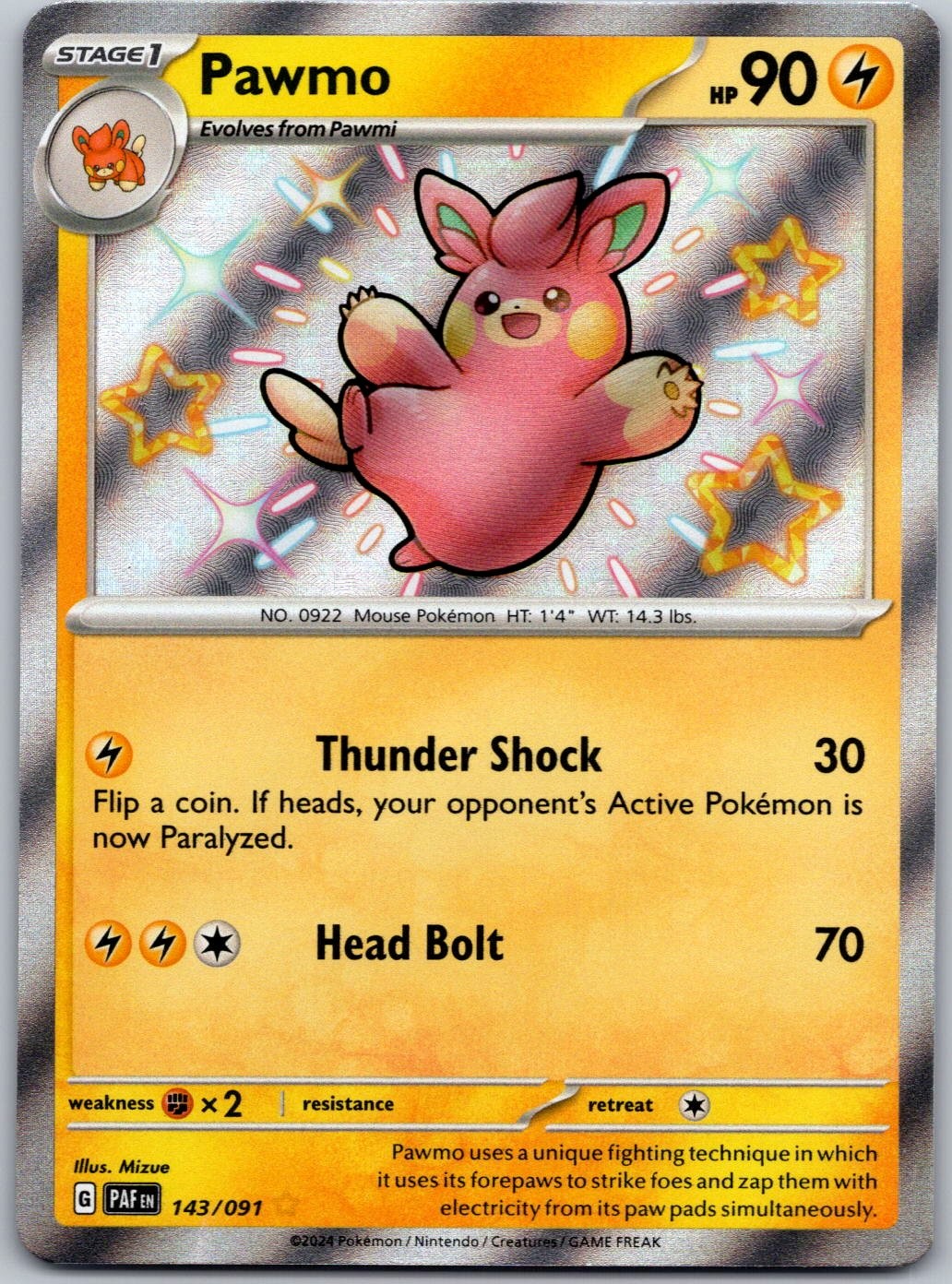 Pawmo 143/091 SV: Paldean Fates Shiny Rare NM