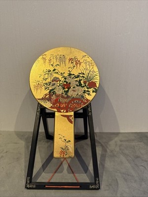 Vintage japanischer asiatischer orientalischer doppelt verschachtelter Handspiegel mit Ständer Goldlack