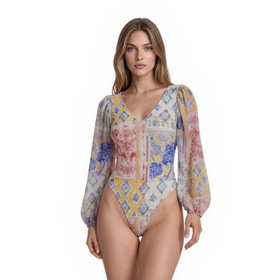 NEW Phax Swimsuit Women's Size Medium Multi Patchwork Boho Long Sleeve Bathing