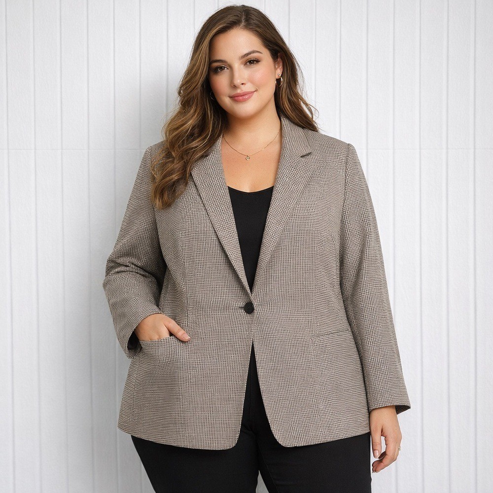 Calvin Klein Women's Checkered One-Button Blazer Jacket Brown/Tan Size 20W Plus