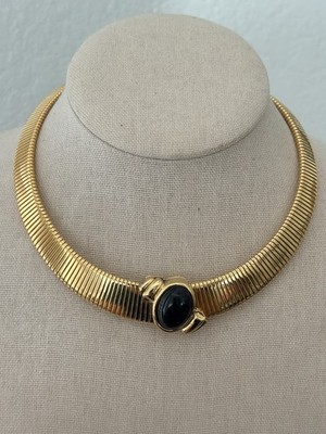 Vintage Monet Gold Tone Omega Chain Choker Necklace with Black Cabochon