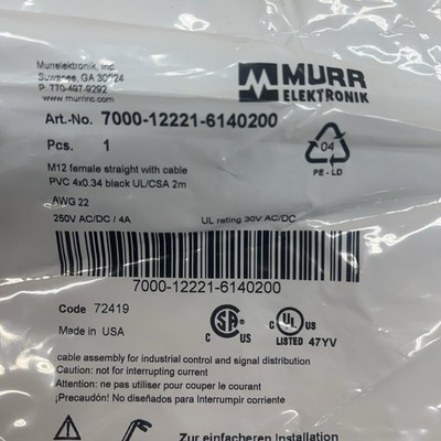 Murr 7000-12221-6140200 M12 4-Pin Female Cordset Cable 2M New - Free Shipping