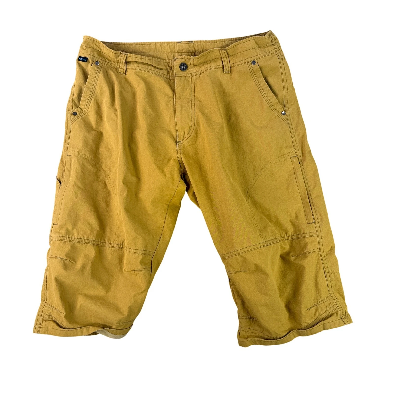 KUHL Cargo Shorts Mens 34 Mustard Yellow Vintage Patina Dye Hiking Outdoor