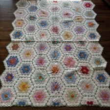 Vintage Grandmother's Flower Garden Quilt Feedsack Feed Sack Hand Stitched 72x88