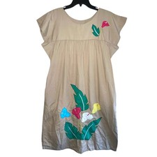 Vintage Tan Floral Applique Shift Mumu Dress Short Sleeve Pockets Tan M