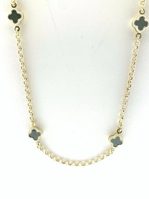14k Solid Yellow Gold Agate Flowers Rolo Necklace