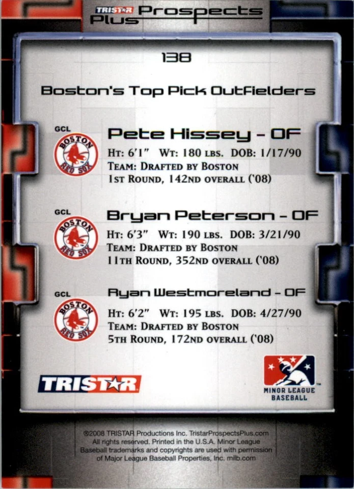 2008 TRISTAR Prospects Plus Green Pete Hissey/Westmoreland/Bryan Peterson/50 BB - Image 2 of 2