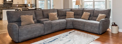 6 piece couch, Gray/light blue, 3 seat recliner, Neck/shoulder adjust, USB ports