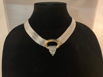 Vintage Silver Mesh Choker Necklace with Gold Oval Accent and Clear Rhinestone P