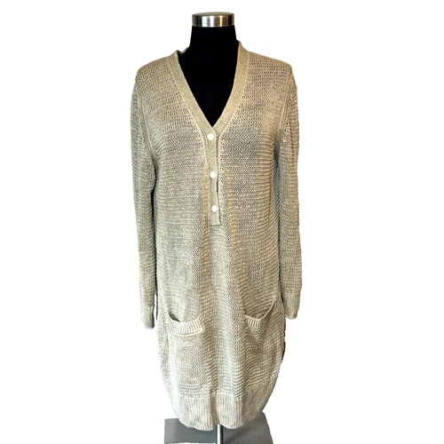 Massimo Dutti Italian Yarn Tunic Beige Knit Sweater Size Large Front Pockets