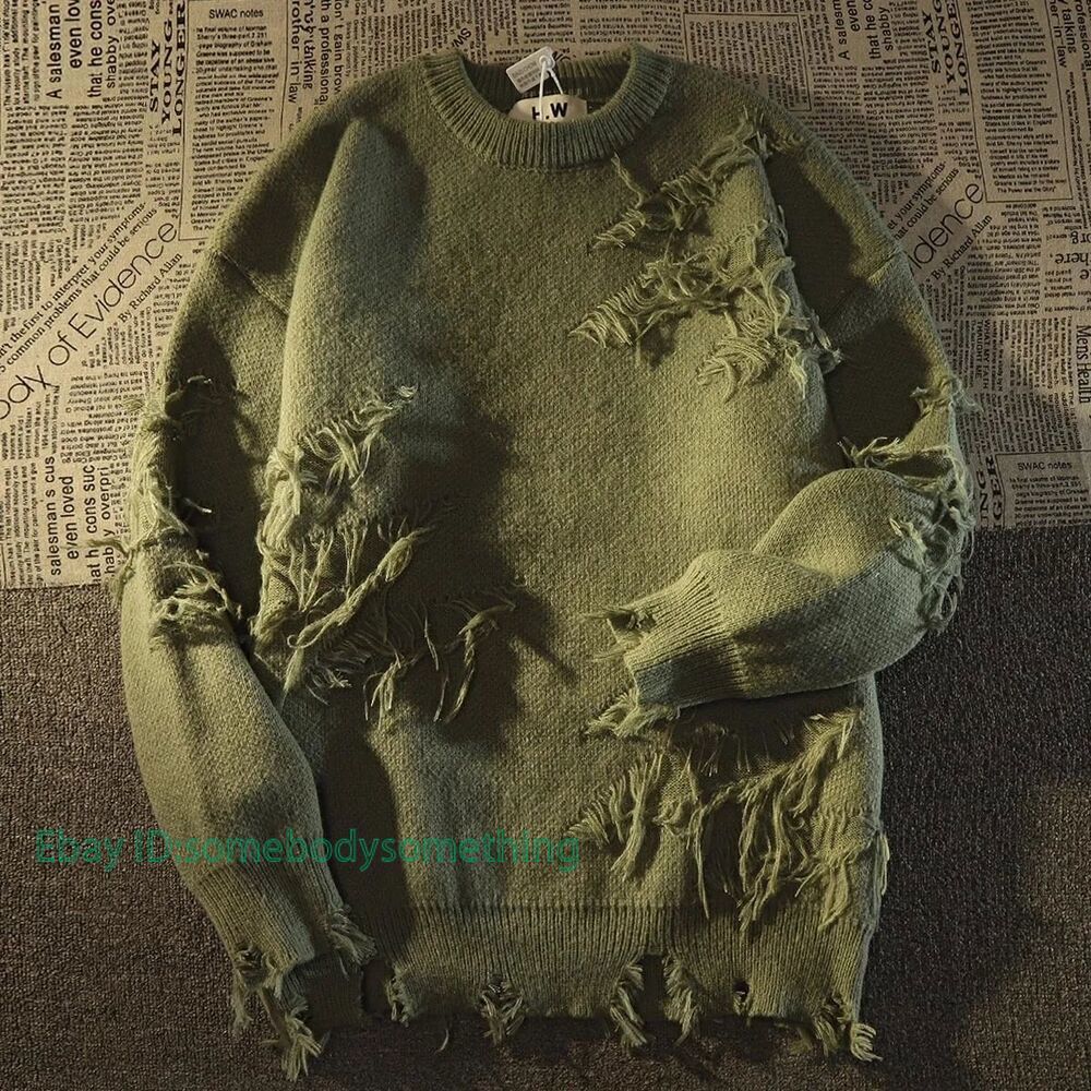 トップス stein destroyed long sleeve knit sweater Street Wear Mens Broken Tassel Sweater Loose Ripped Knit Sweater