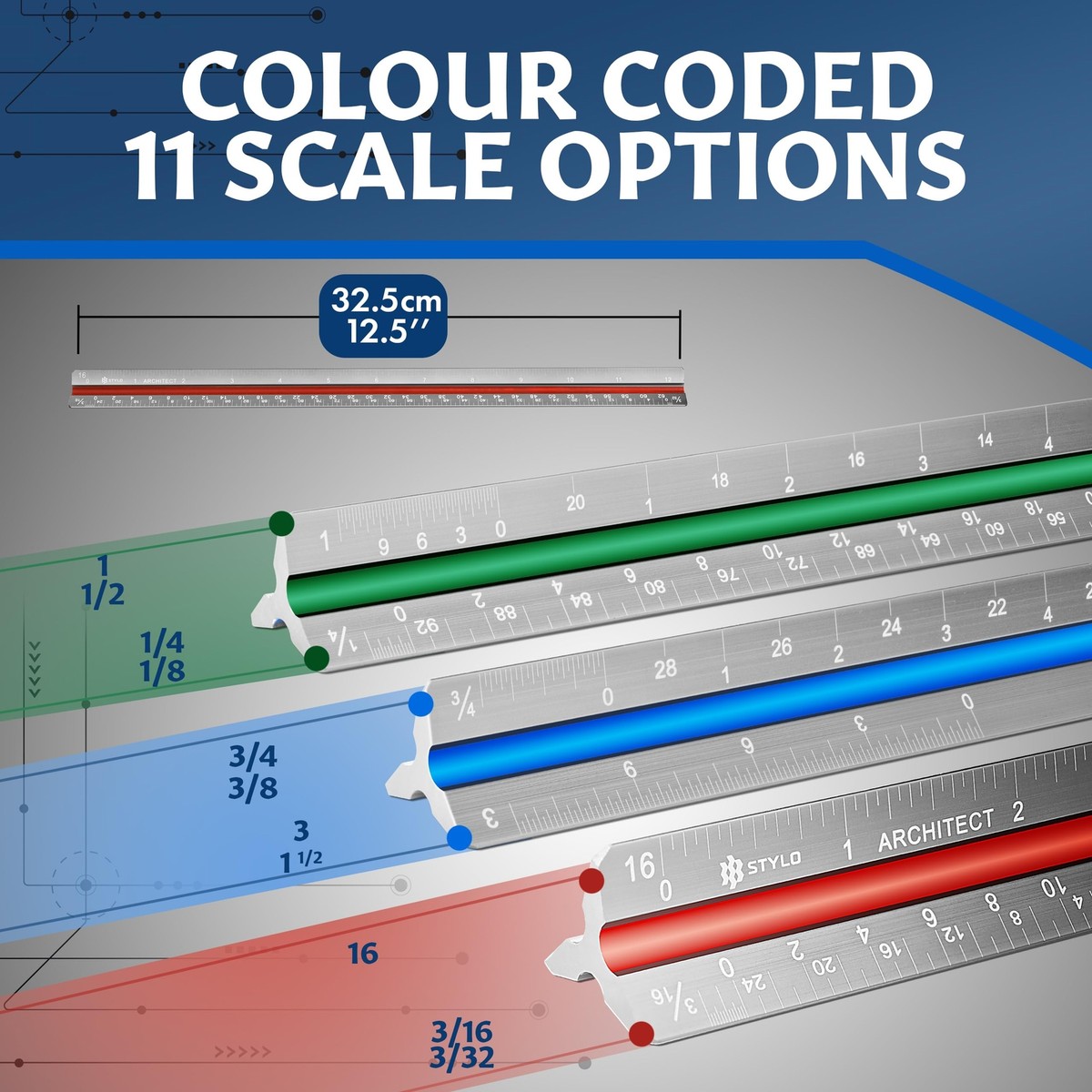 Colour Spectrum Ruler Triangle Drafting Scale Ruler Aluminum Architect Scale Ruler - 30cm ...