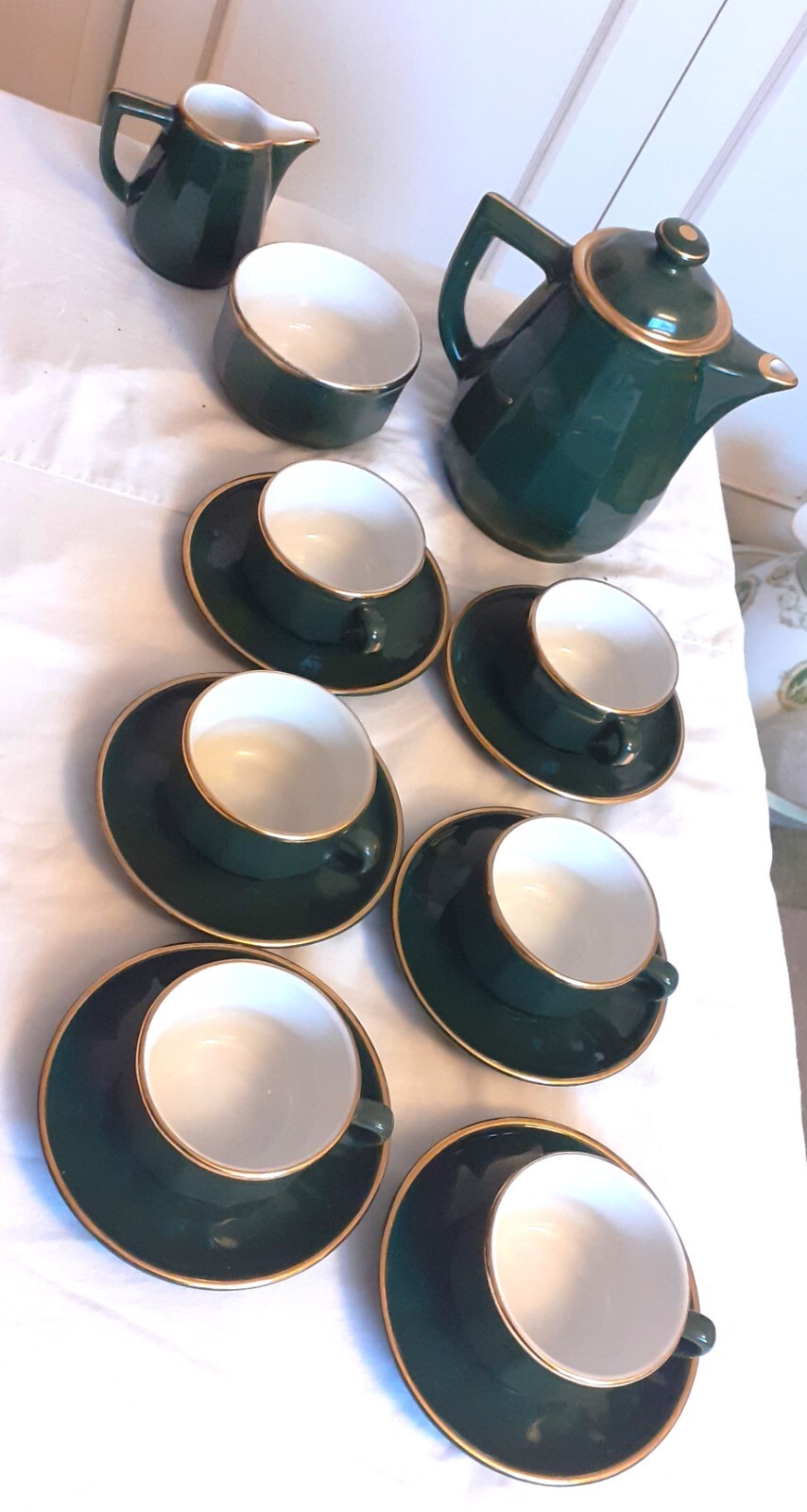 Vintage Apilco green / gold tea/coffee Cups, Saucers, Coffee Pot, Milk
