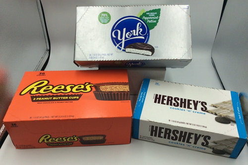 Reese's Peanut Butter Cups, York Peppermint Patties, Hershey's Cookie n Creme