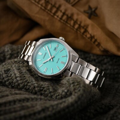 Casio Vintage Silver Stainless Steel Turquoise Blue Classic Watch