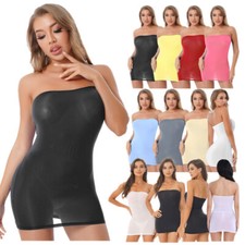 Women's Mesh Boob Tube Mini Dress Strapless Bodycon Sheer See-Through Slip Dress