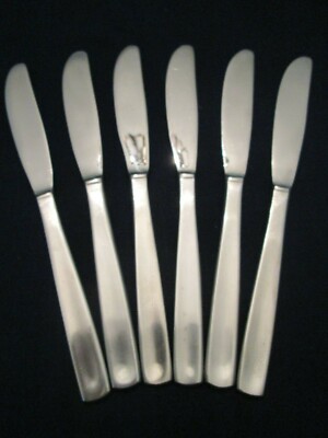 SET 6 DINNER KNIVES! Vintage ADCRAFT stainless: TAB HANDLE pattern: LOVELY