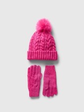 New Gap Kids Pom Pom Beanie Mitten Glove Set Soft Cable Knit Pink Size L XL