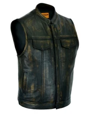 Mens SOA Style Motorcycle Club Distressed Brown Leather Vest Concealed Carry