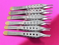 GERMAN 6 GOLD HANDLE ADSON TISSUE+BROWN+DRESSING FORCEPS 4.75" STRAIGHT FINESTR