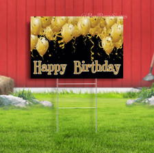 Black and Gold Happy Birthday Indoor Outdoor Yard sign with metal stakes