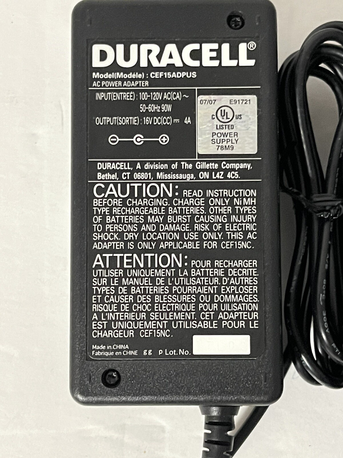 DURACELL CEF15NC 15 MIN AA /AAA BATTERY CHARGER + AC ADAPTER CEF15ADPUS J4.3 eBay