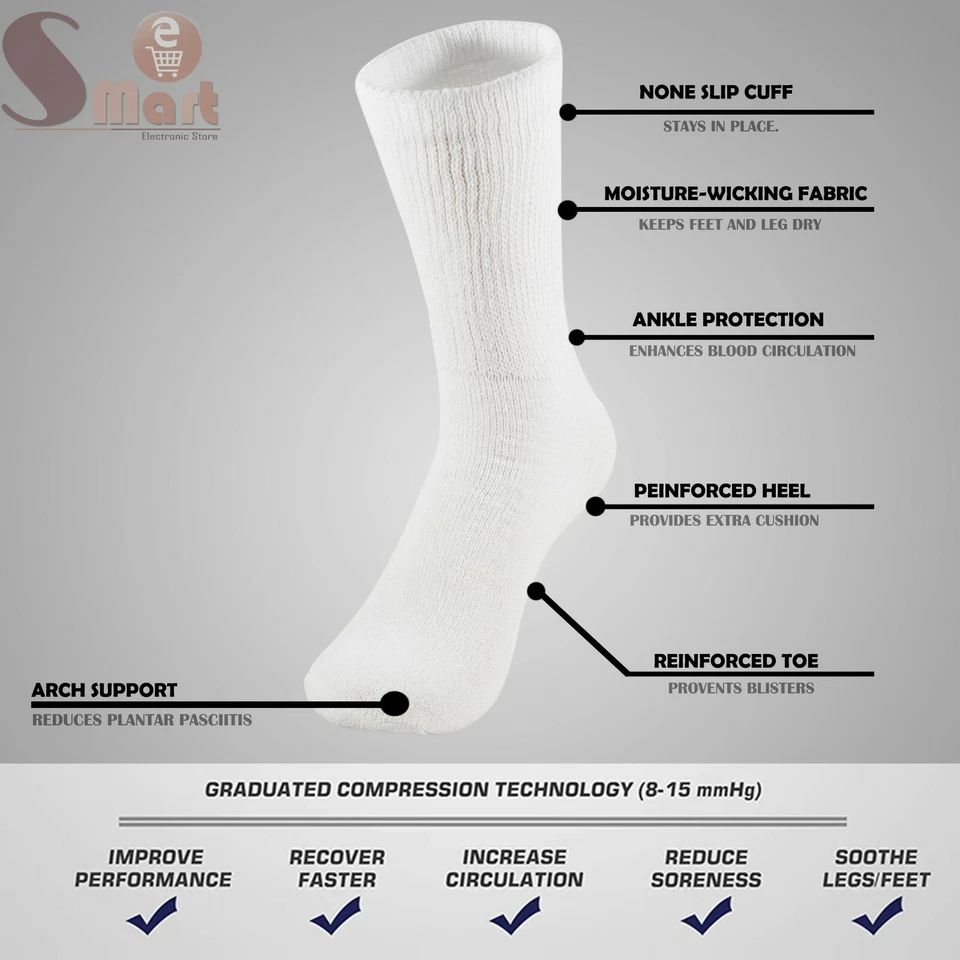 3-12 Pairs Health Circulatory Crew Cotton Diabetic Socks White 9-11 10-13 13-15 - Image 3 of 4