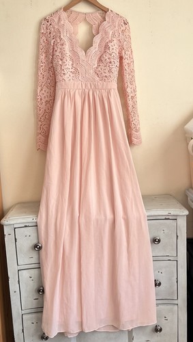 Pinkblush Long Sleeve Lace Evening Maxi Dress Pink Open Back V Neck Small NWT - 第 2/11 張圖片