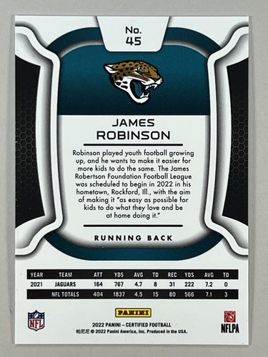 James Robinson 2022 Panini Certified - Mirror /349 Jacksonville Jaguars #45 - Picture 3 of 3