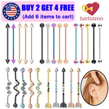 2PCS 14G Industrial Barbell Earrings Surgical Steel Cartilage Body Piercing 38mm