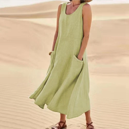 Damen Leinen Ärmellos Maxikleid Damen Tank Taschen Sommer Sommerkleid⭐ - Bild 7 von 26