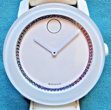 Movado BOLD Rainbow Crystal White Dial Watch Leather Strap- Running, Good