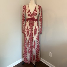 Altar d State Norrie Maxi Dress Beige Mesh Red Floral Embroidery Elegant Small