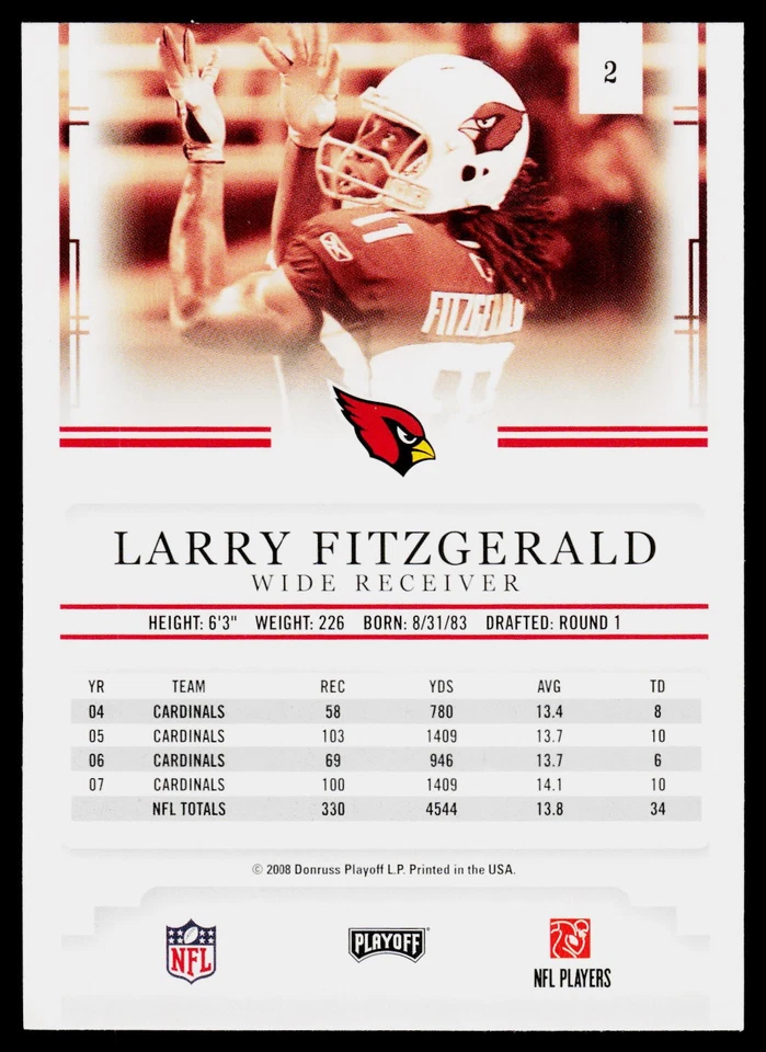 2008 Playoff Prestige Larry Fitzgerald #2 Arizona Cardinals FOOTBALL - Image 2 of 2