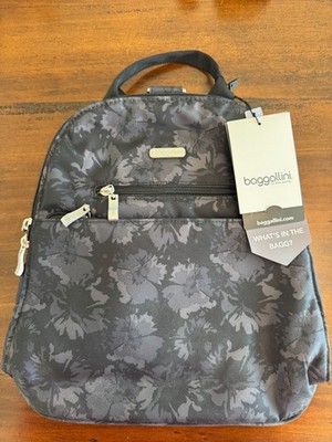 Baggallini Essential Mini Backpack Purse - Built-in RFID Card - Black Floral