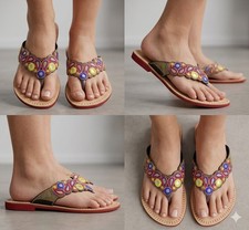 Women Slippers Indian Handmade Leather Foot ware Flats Cream Embroidered US 5-9